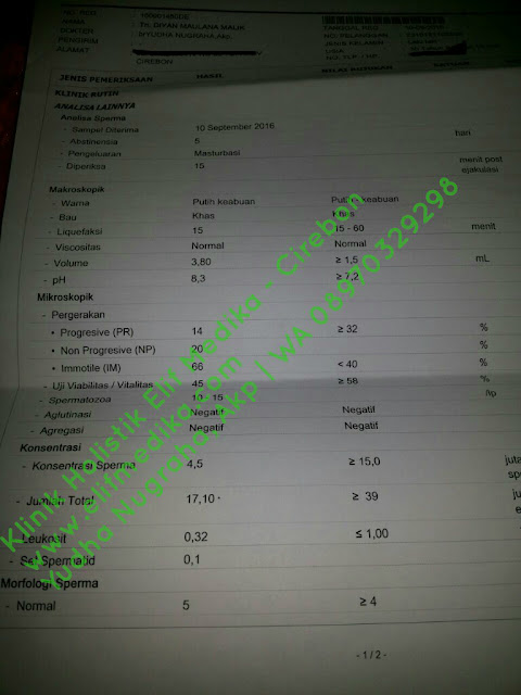 Hasil Analisa Sperma setelah 1 bulan pengobatan : Konsentrasi 4,5 juta/mL, Jumlah Total 17,10 juta/ejakulasi, Pergerakan sperma maju cepat 14% dengan sperma tidak bergerak 66%. Bentuk sperma normal sudah ada 5% Hasil Analisa Sperma setelah 1 bulan pengobatan : Konsentrasi 4,5 juta/mL, Jumlah Total 17,10 juta/ejakulasi, Pergerakan sperma maju cepat 14% dengan sperma tidak bergerak 66%. Bentuk sperma normal sudah ada 5%