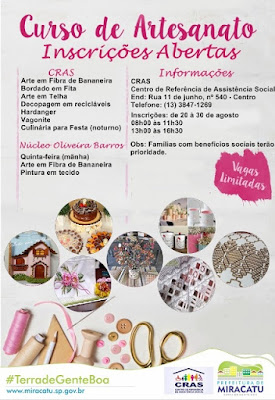 CRAS abre inscrição para cursos artesanais Cras de Miracatu abre inscrições para cursos de artesanato e culinária