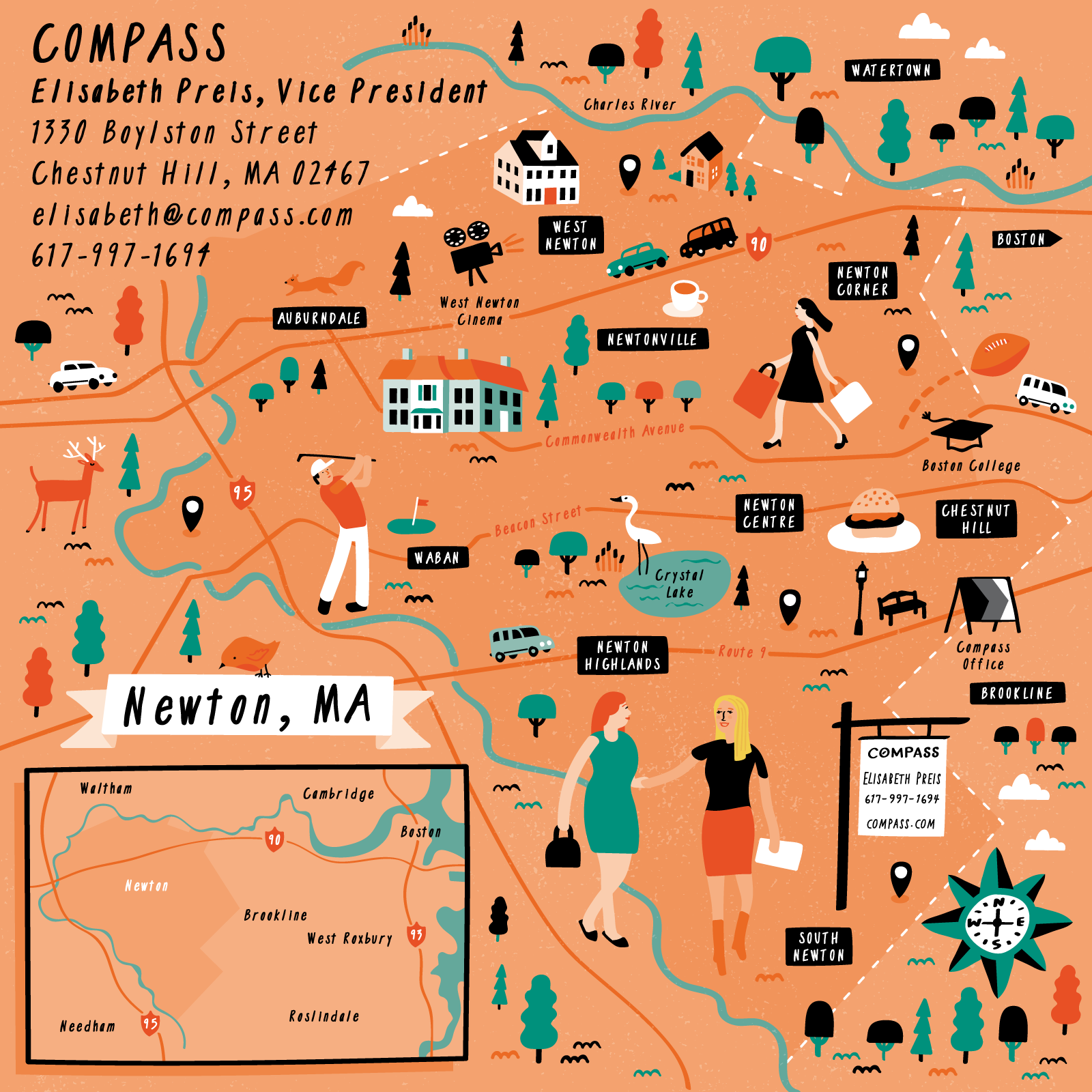 I Draw Maps Illustrated maps of Brookline and Newton, MA for Compass