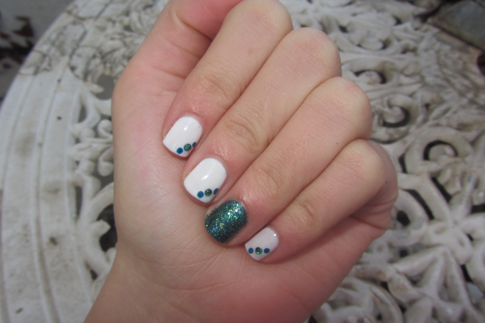 Sunflowers and Shimmer: White & Teal Nail Art (Polka Dots & Rhinestones)