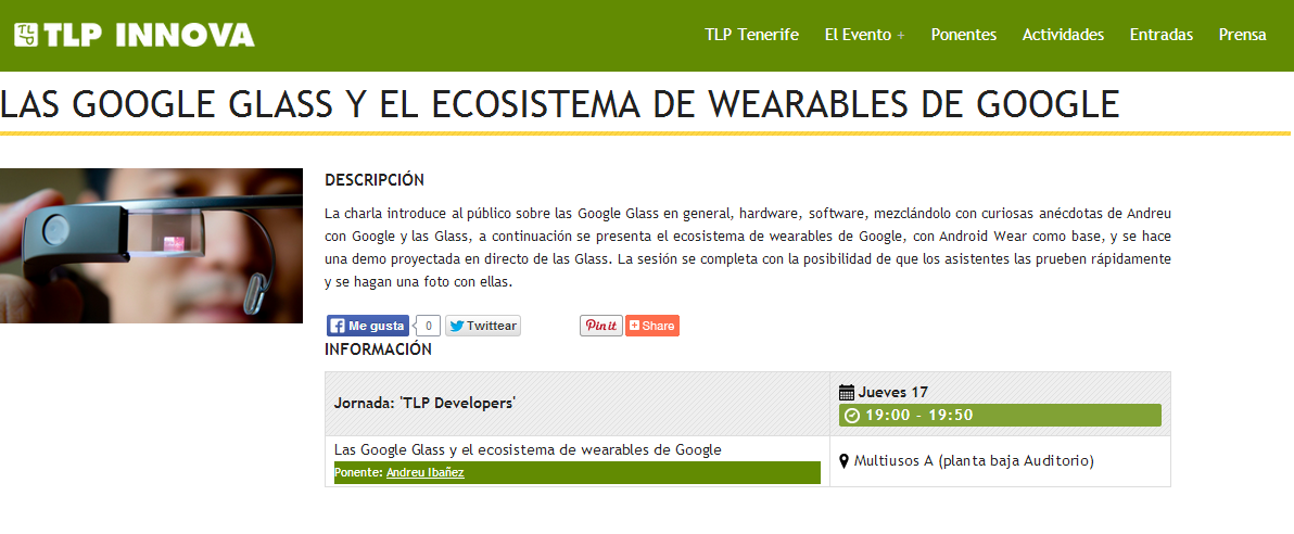 Charla en breve en Tenerife: LAS GOOGLE GLASS Y EL ECOSISTEMA DE WEARABLES DE GOOGLE en @TLPTenerife #tlp2014