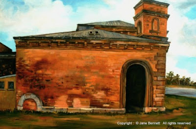 plein air oil painting of  the Pumphouse Carrington by industrial heritage artist Jane Bennett
