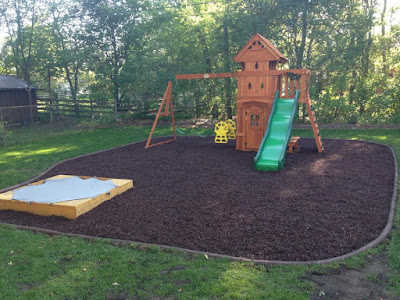 blog, Minnesota, back yard, swing set, slide, sandbox, play area, children, kids, sump pump, grass, sod, rubber mulch