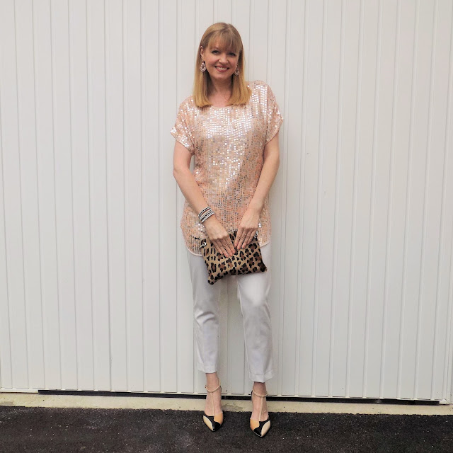 What Lizzy Loves Sequinned tunic, with leopard bag and rose gold statement earrings