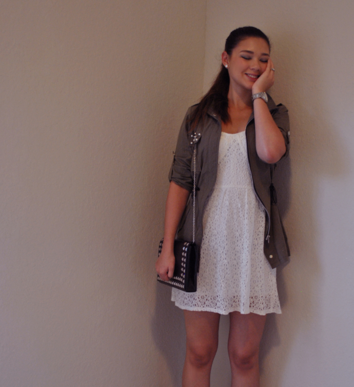 Charlotte Russe Bustier Lace Dress, Arafeel Military Jacket, Studded Bag, Mart of China Cap Toe Flats