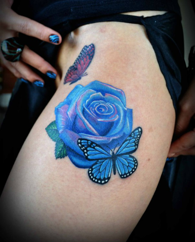 Gorgeous 3D Butterfly And Blue Rose Tattoos