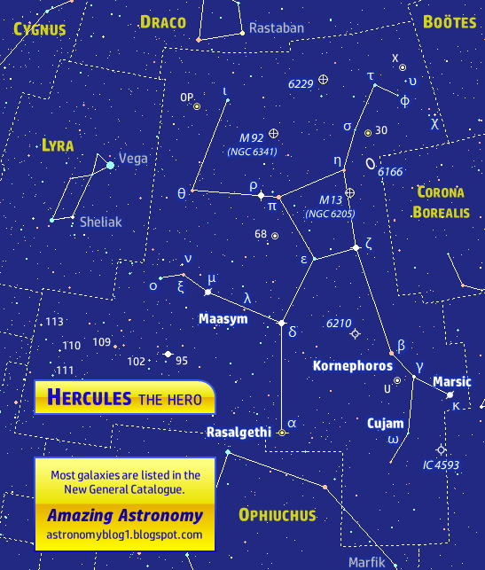Constellation map or sky chart of Hercules and surrounding constellations Constellation map or sky chart of Hercules and surrounding constellations