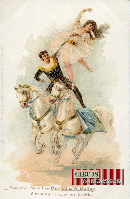 Carte postale du cirque Barnum & Bailey 1902, pas de deux a cheval