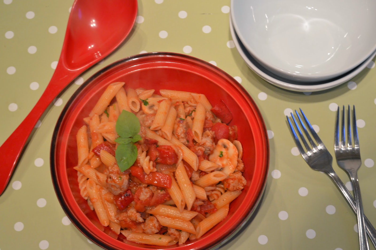 Sausage and Mushroom penne pasta in a bowl 