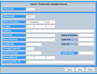 Form input transaksi pembayaran Aplikasi Excel Surat Perintah Perjalanan Dinas (SPPD)