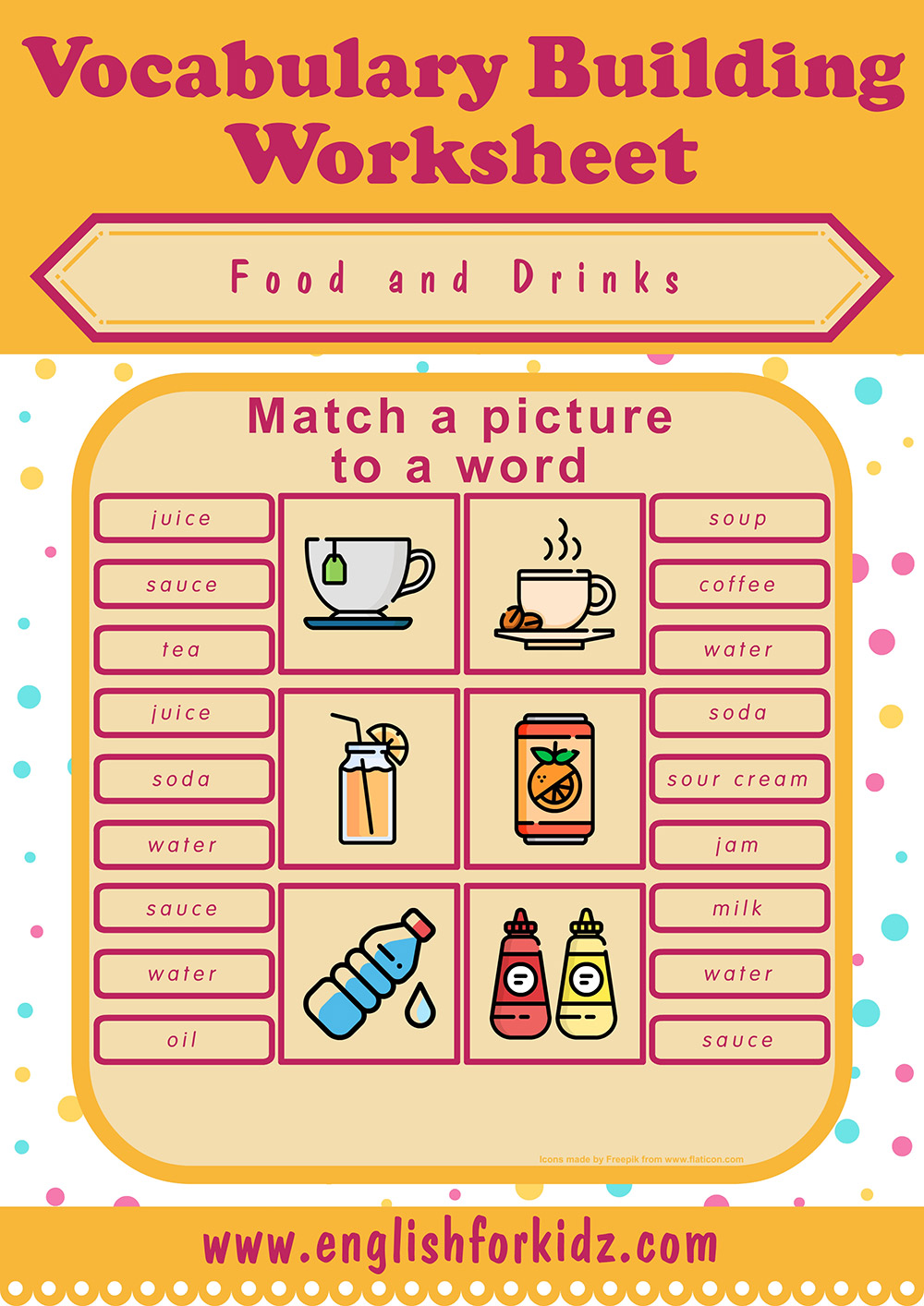 english-for-kids-step-by-step-food-drinks-worksheets-picture-to-word-matching