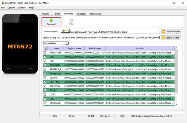 proceso de carga de la rom alcatel en flash tools