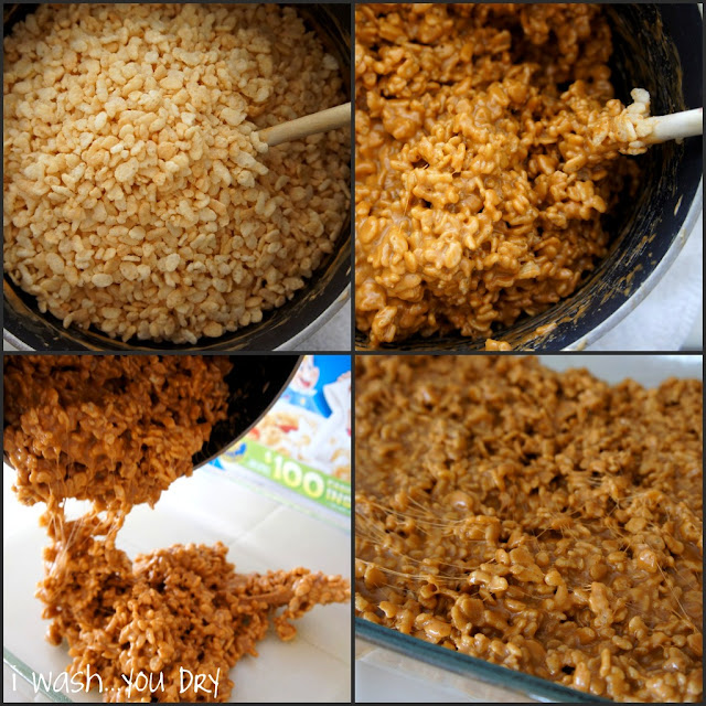 A display on how to mix the pumpkin and peanut butter Rice Krispie treat batter