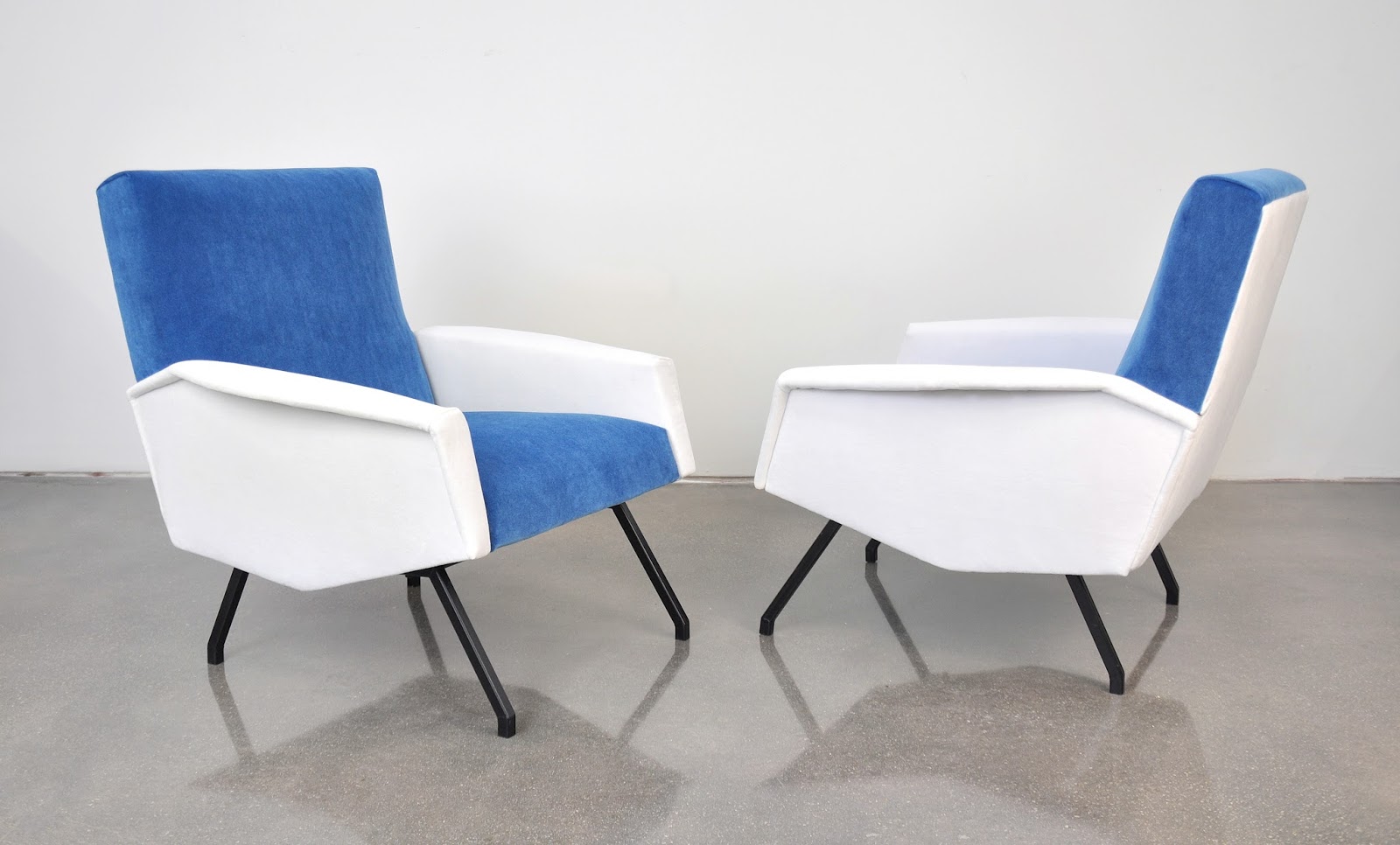 SELECT MODERN Pair of French Blue and White Velvet Lounge or Club Chairs