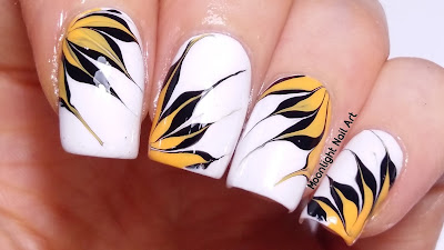 Drag Dry Marble Nail Art Design in White, Yellow and Black 