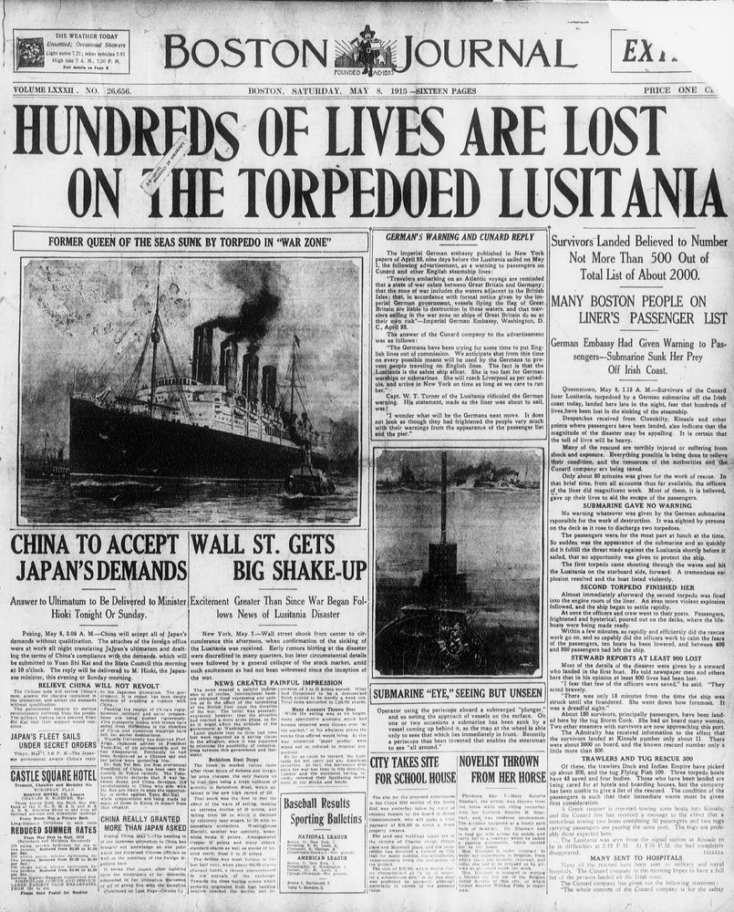 Today in History: MAY 7 = "The Lusitania" is Torpedoed