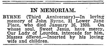 Death of John Byrne, 31 Lower Jane Place, 1930