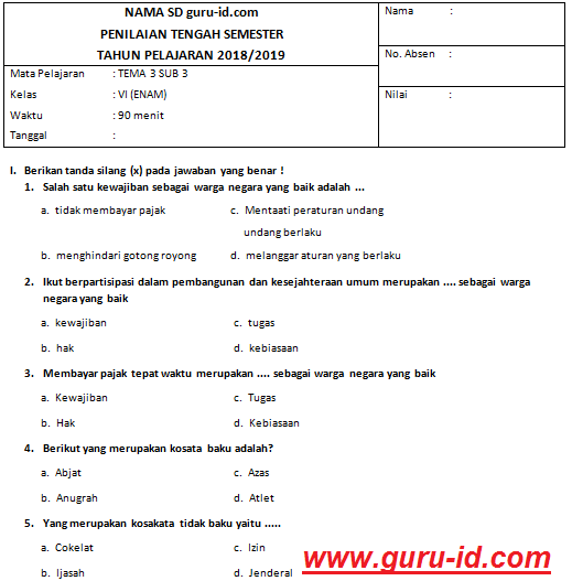 Soal pts kelas 6 tematik k13 dan kunci jawaban tahun 2018 biologizone