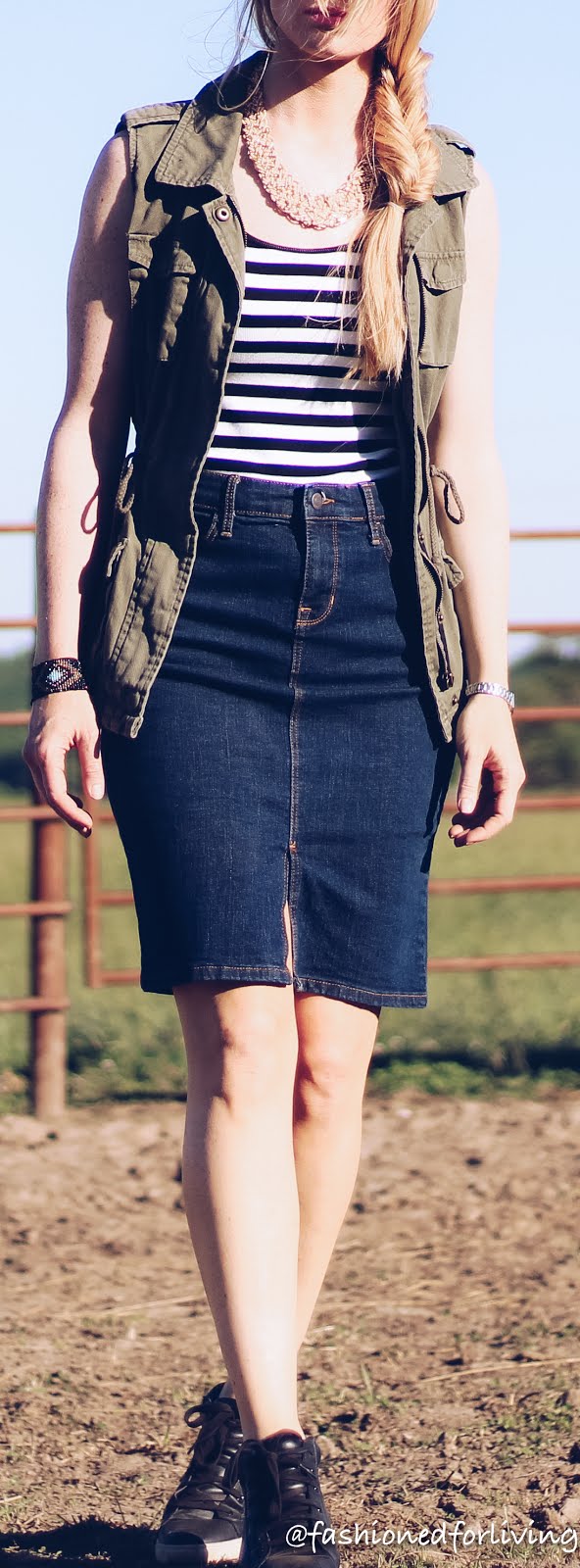 Fashioned For Living: denim skirt outfit with olive utility vest and ...