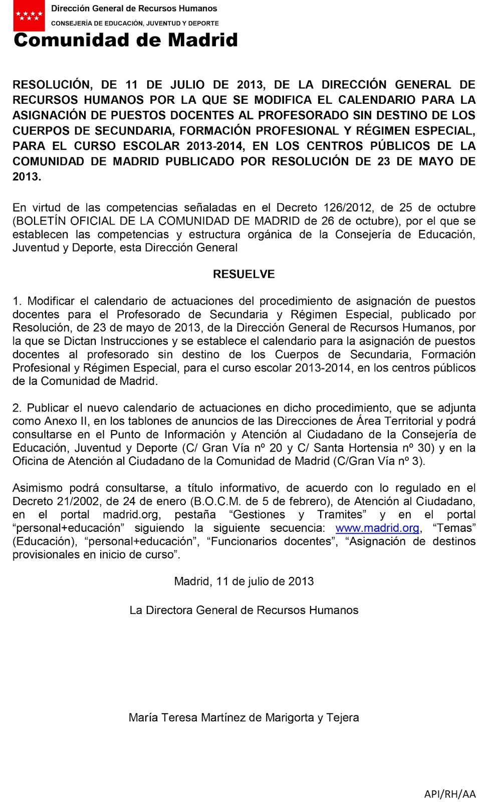 MareaVerde Modificación del calendario de asignación