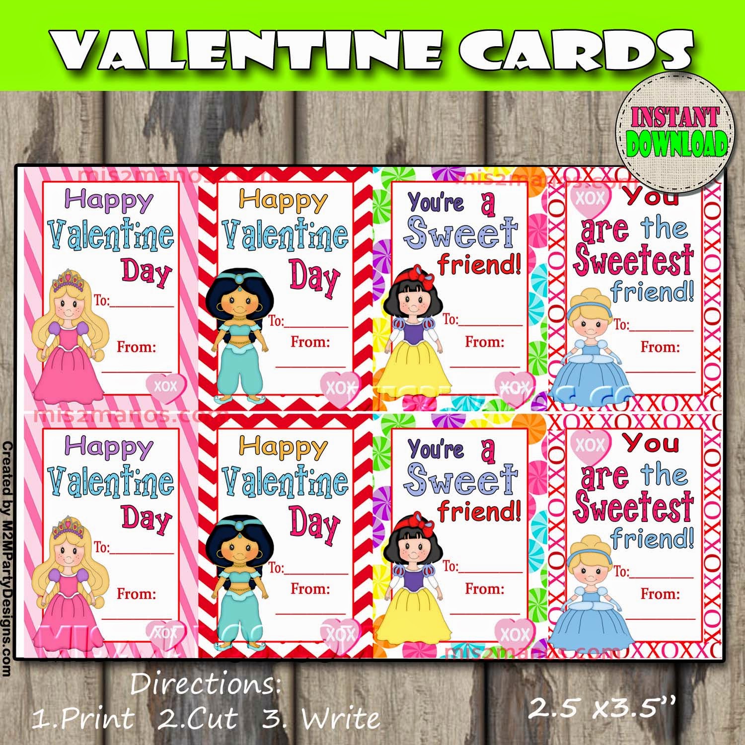 Mis 2 Manos Made By My Hands Valentine Cards Printable Princess Valentine Instant Download