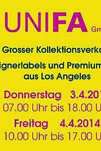 Großer Kollektionsverkauf bei UNIFA Modeagentur in München ab 03.04.2014