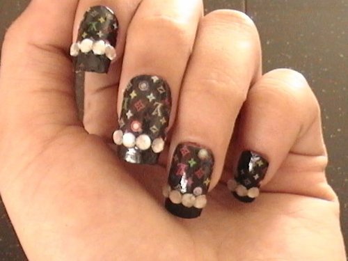 Print and Stone Accented Nail Art