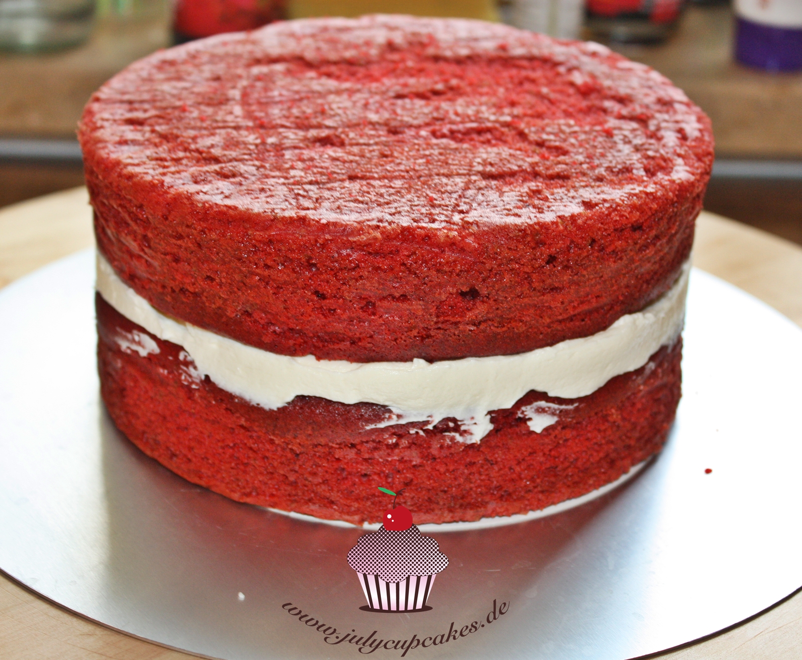 Red velvet cake with cream cheese frosting.