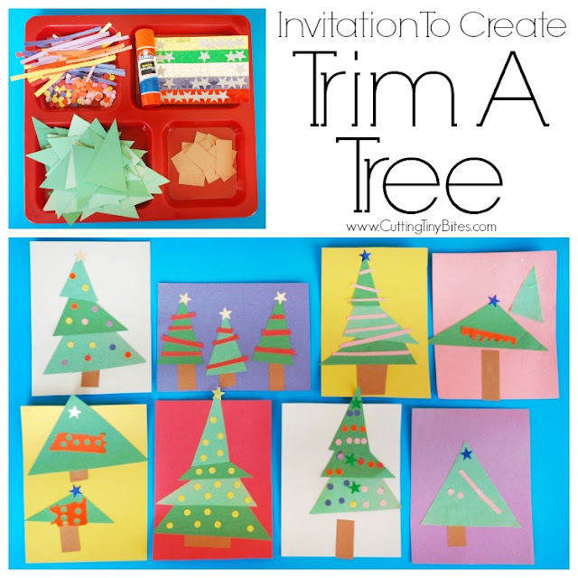 Invitation to Create: Trim A Tree. Open ended, creative, quick and easy kids paper Christmas craft. Great for color and shape recognition. Perfect for toddlers, preschoolers, and elementary.