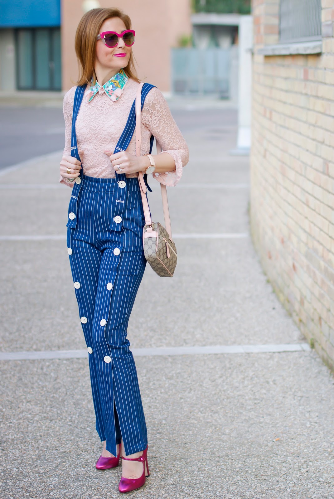 Metisu Pinstripe trousers with braces, Le Silla Mary Jane on Fashion and Cookies fashion blog, fashion blogger style