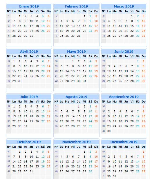 calendario 2019 de Perú para imprimir en Word, Excel y PDF