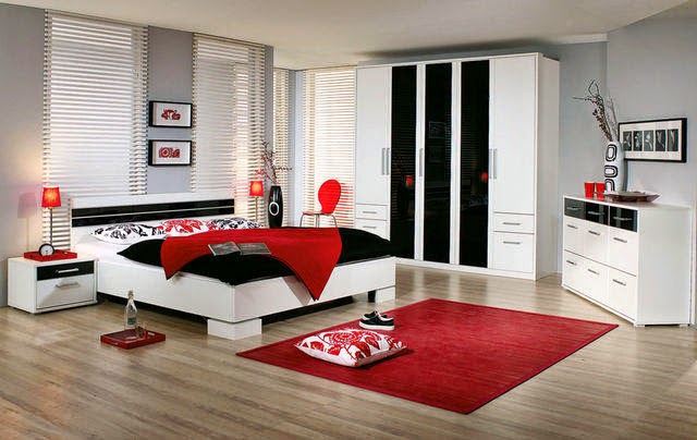 bedroom design ideas : red carpet and bed linen