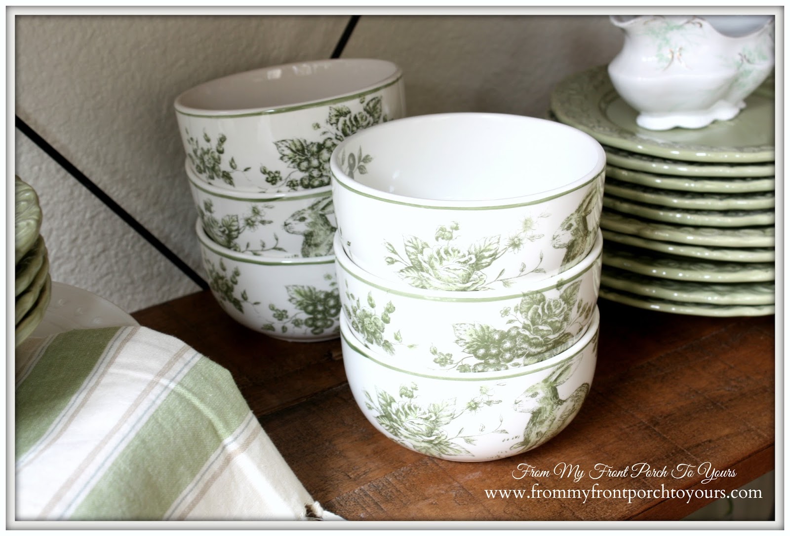 French Farmhouse Spring Breakfast Nook- From My Front Porch To Yours-Maxcerna Green & White Toile Bowls