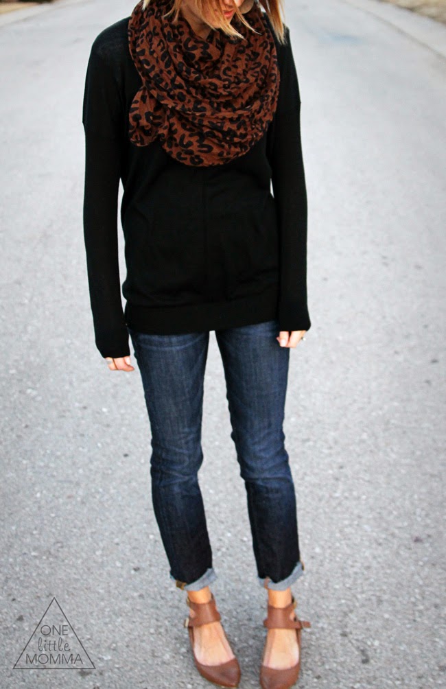 leopard scarf, black sweater, strappy flats