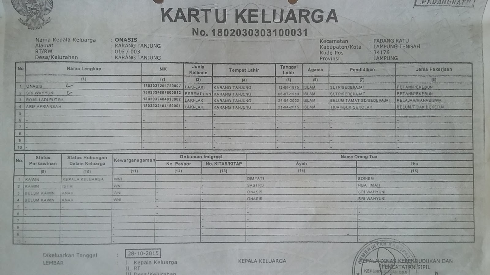 DUSUN 8 KARANG TANJUNG: FOTO COPY KARTU KELUARGA
