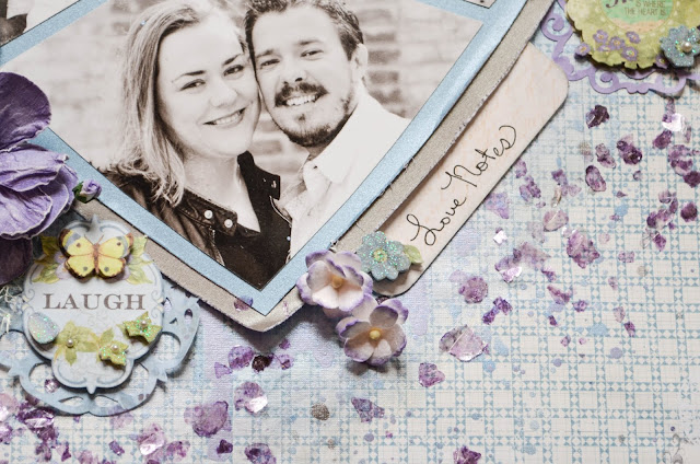 Pieces of My Heart GDT Layout by Carrie Williams - Dearzae.com. Guest design team layout in blue and purple, mosaic heart design using multiple photos with watercolors and mica flakes with wood bird cage and phrase stickers.