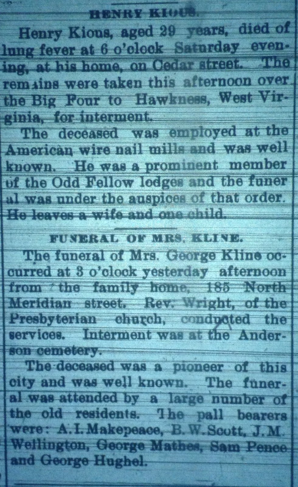 Indiana News From the Past Obits from February 8, 1897