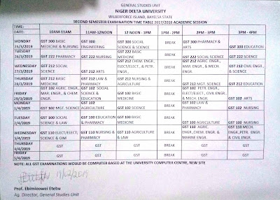 NDU GST CBT Exam Time-Table for Regular 2017/18 | 1st Semester