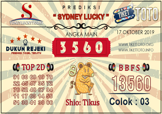 Prediksi Togel SYDNEY LUCKY TIKETTOTO 17 OKTOBER 2019