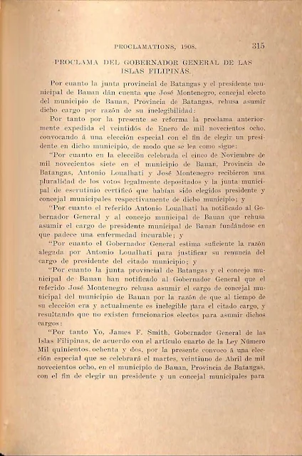 1908 proclamation to select replacement councilor, Spanish version.