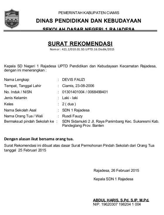 Contoh Surat Rekomendasi Untuk Siswa Pindah Sekolah Atau