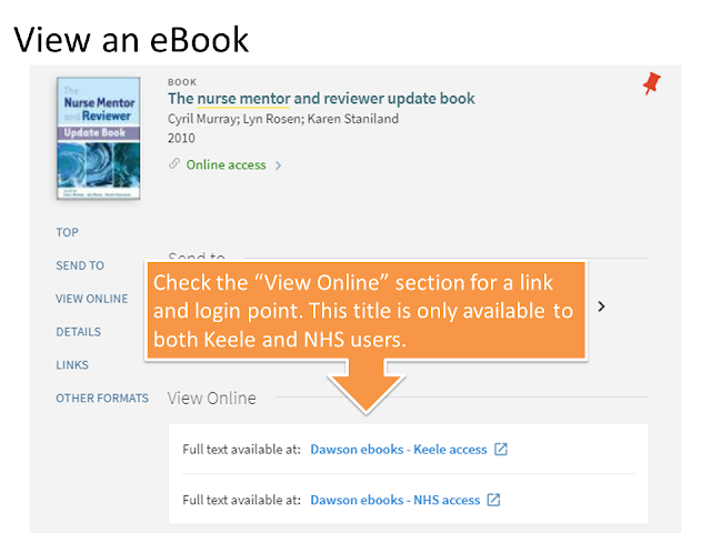 Screen-shot of an ebook with 2 links, one for Keele users and one for NHS users