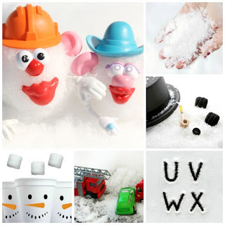25 AWESOME ways to play with snow indoors!  Such great ideas!!  #winteractivitiesforkids #snowplayideas #snowplayrecipes 