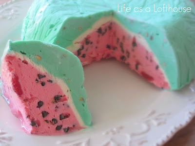 This Bombe is made with 3 different ice creams, some food coloring and chocolate chips and is colored like a watermelon. Life-in-the-Lofthouse.com