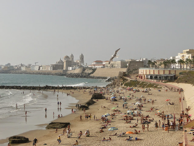 Vista aérea de la playa de Santa María con mucha gente y la catedral y la ciudad de Cádiz al fondo.
