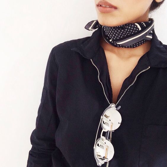 neck scarf black jacket sunglasses stylish fashion 