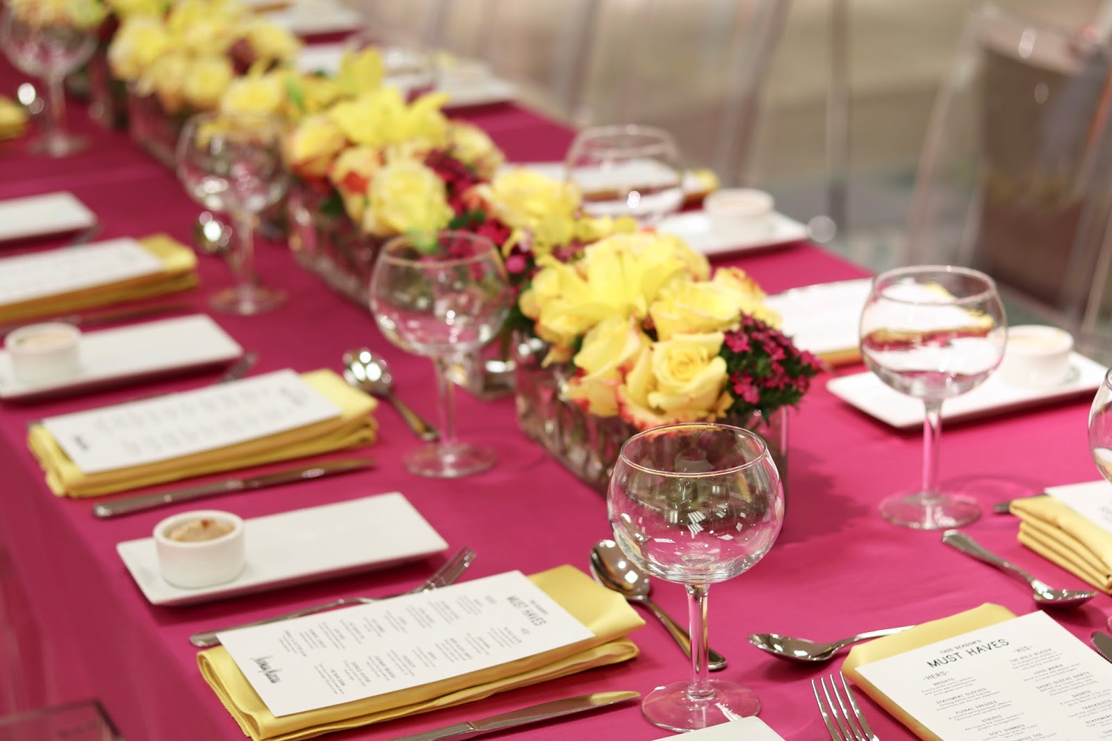 Bright tablescape hot pink and yellow table decor, fashionable brunch, san diego style blogger brunch