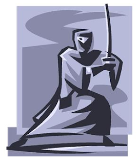 robed and hooded warrior holding a sword