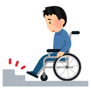 車椅子に乗る人と階段のイラスト