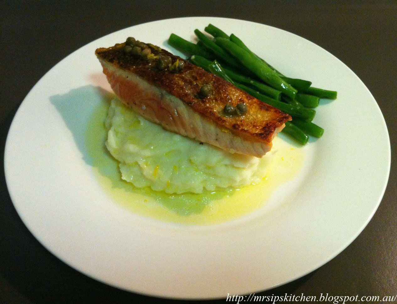 Mrs. Ip's Kitchen Panfried Salmon on Garlic Mash and Green Beans